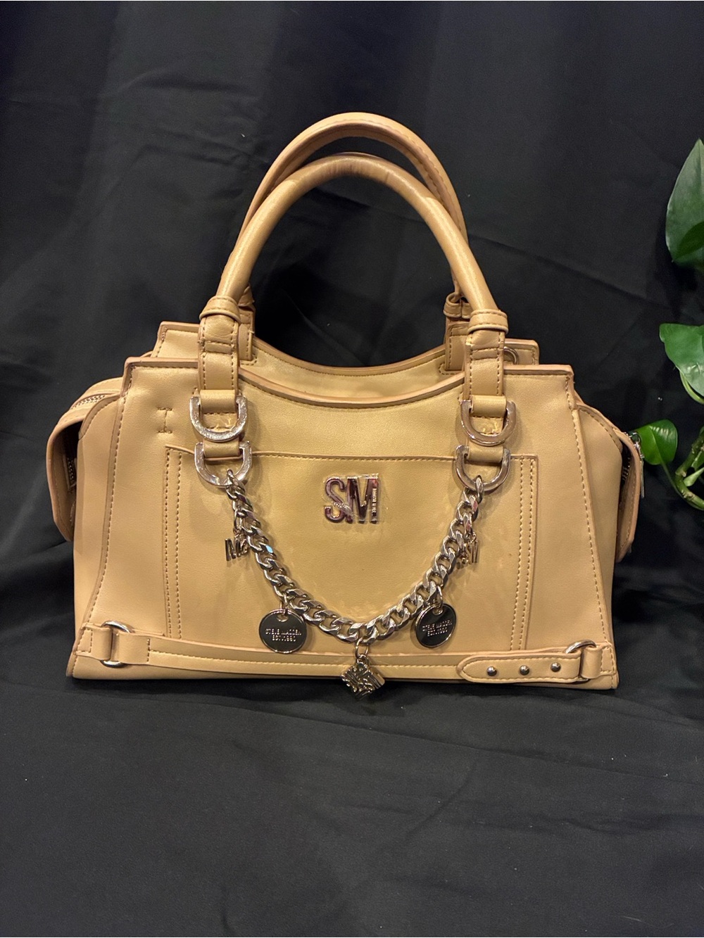 Steve Madden BCharmy Crossbody Satchel in Tan with Silver Charm Accents (ABBA)